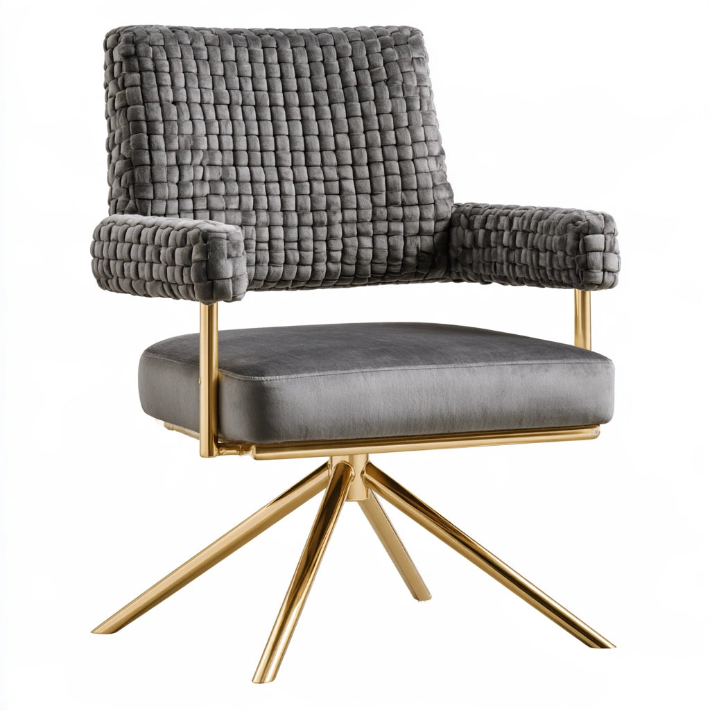 Moderner Akzentstuhl, mit Samtbezug, drehbar, Farbe: gold und grau